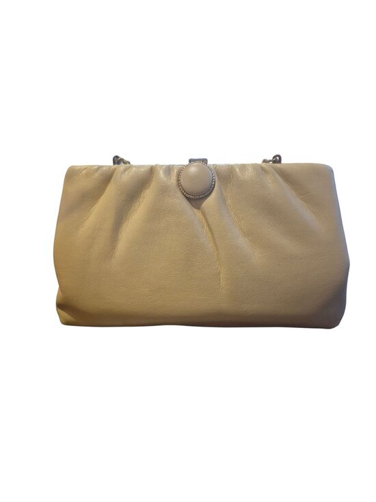 None Handbags - Vintage Beige Clutch Purse With Gold Chain Strap & Button Closure Elegant Ruched
